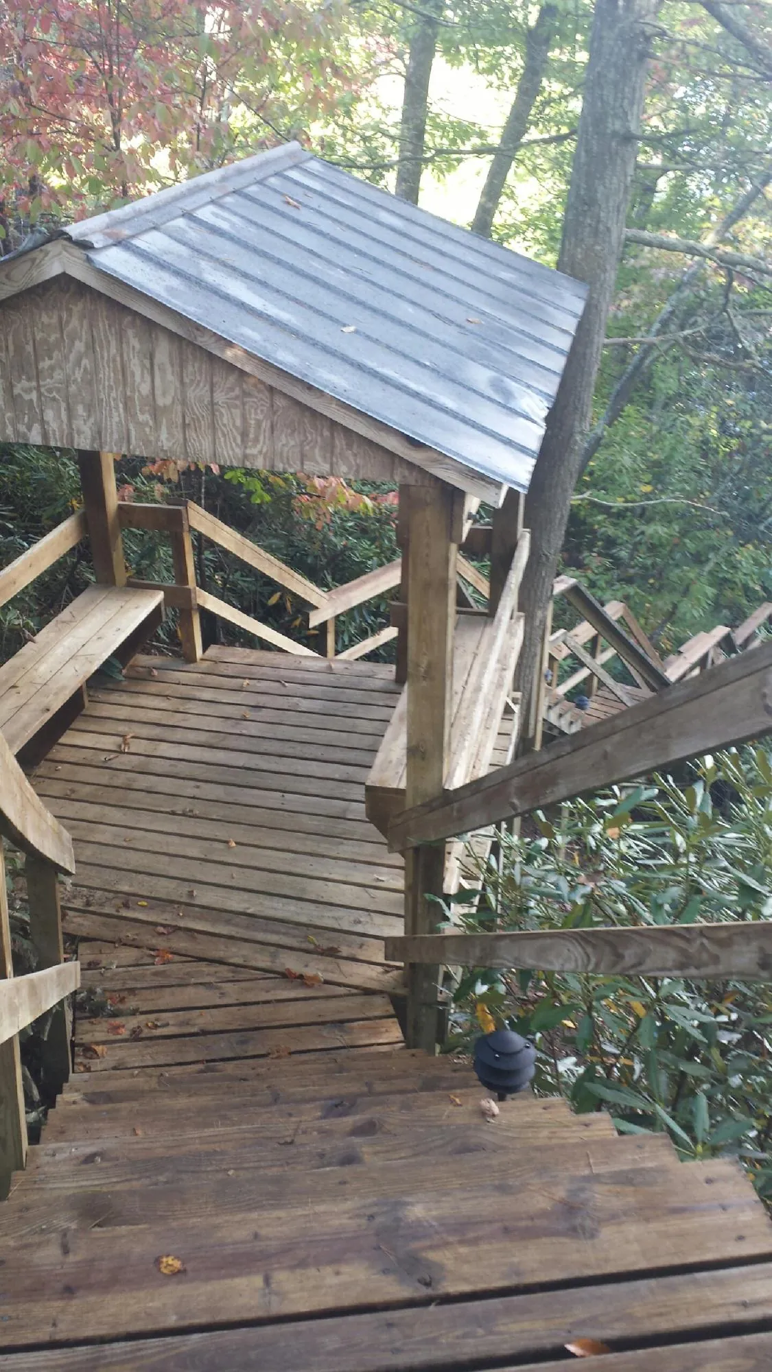 Metal roofed shelter over wooden steps on a wooded walkway — Skylight Repair & Installation work by our crew in Cullowhee